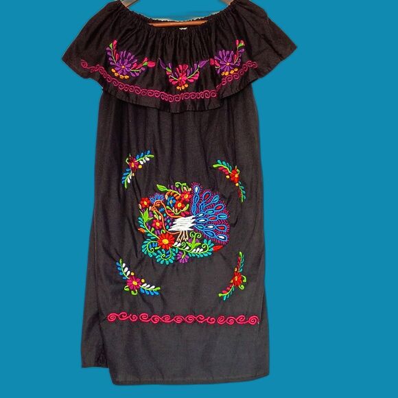 JR Palacios Mexican Embroidered Peacock Dress Off Shoulder Boho Black M - Picture 1 of 6